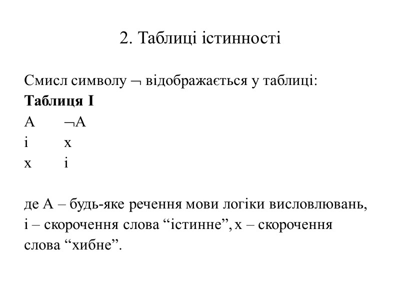2. Таблиці істинності Смисл символу  відображається у таблиці: Таблиця І A  